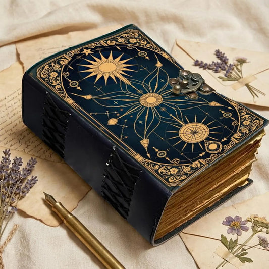 Celestial Compass Grimoire Journal | Vintage Star Map Spellbook with Aged Deckle Pages | Gothic Notebook | Antique Leather Diary Gift