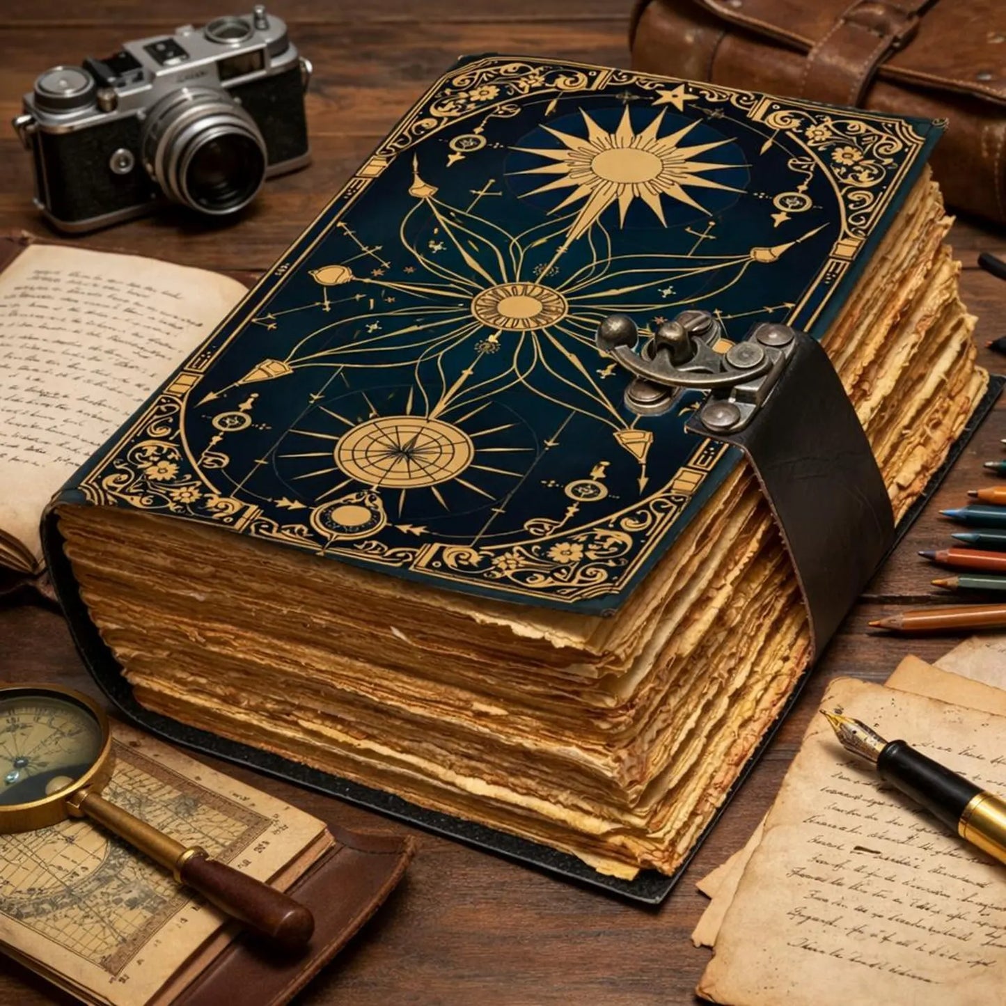 Celestial Compass Grimoire Journal | Vintage Star Map Spellbook with Aged Deckle Pages | Gothic Notebook | Antique Leather Diary Gift