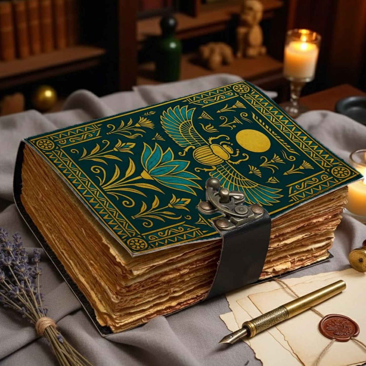 Egyptian Leather Journal with Scarab & Lotus Design — Vintage Handmade Diary with Lock — Rustic Antique Notebook for Writing