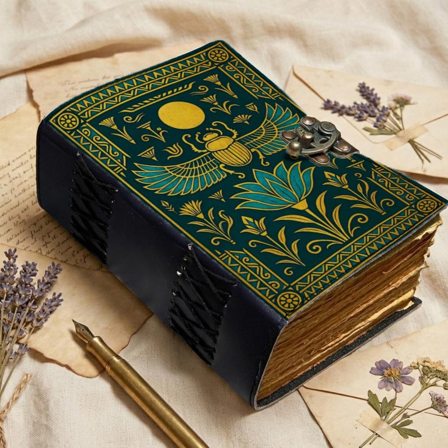 Egyptian Leather Journal with Scarab & Lotus Design — Vintage Handmade Diary with Lock — Rustic Antique Notebook for Writing