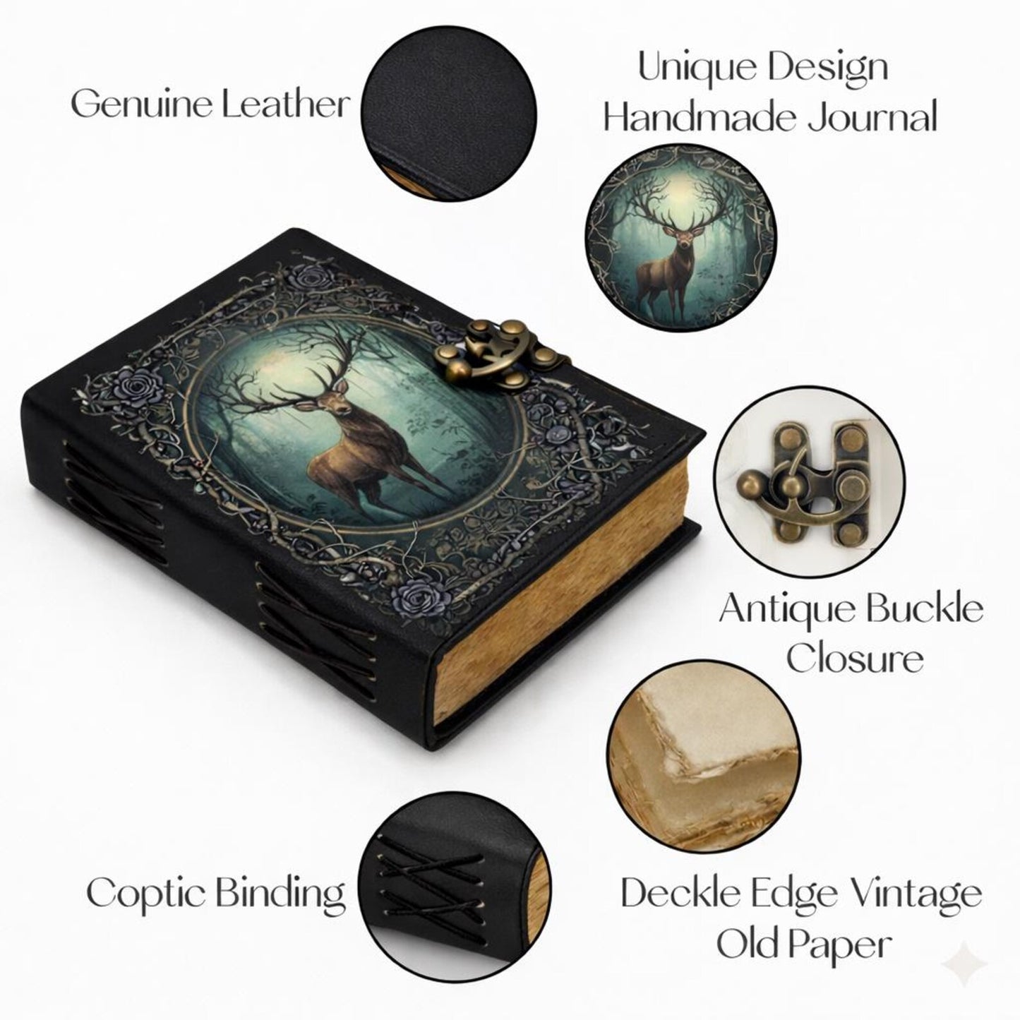 Stag Leather Journal – Handmade Vintage Forest Writing Notebook with Lock