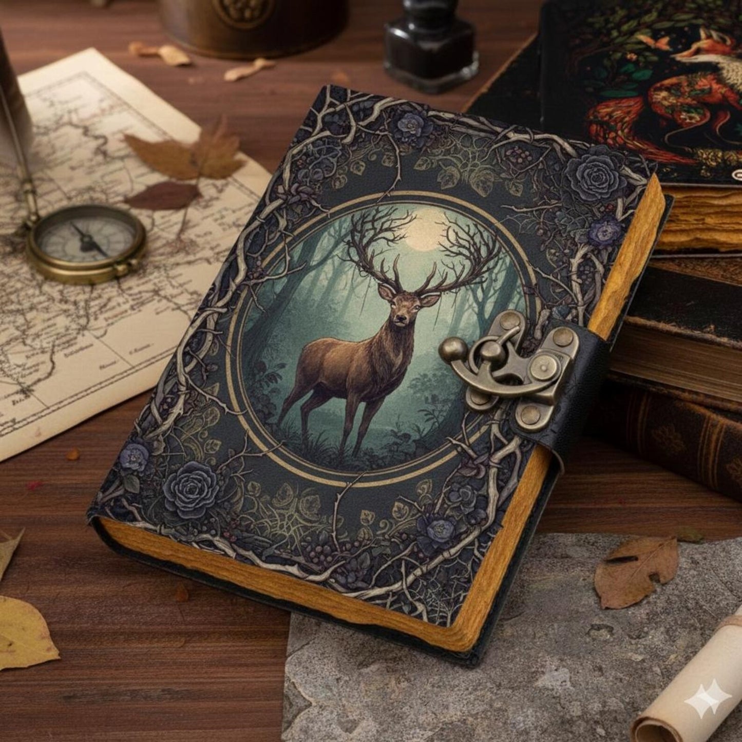 Stag Leather Journal – Handmade Vintage Forest Writing Notebook with Lock