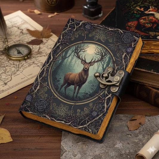 Stag Leather Journal – Handmade Vintage Forest Writing Notebook with Lock