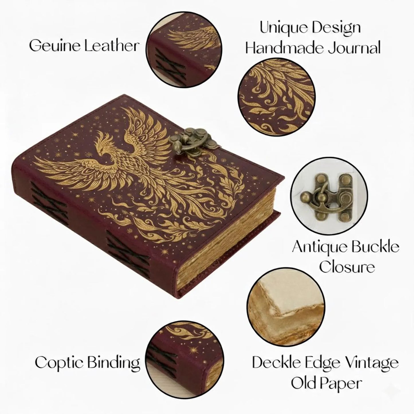 Phoenix Leather Journal – Handmade Burgundy Writing Notebook with Antique Lock