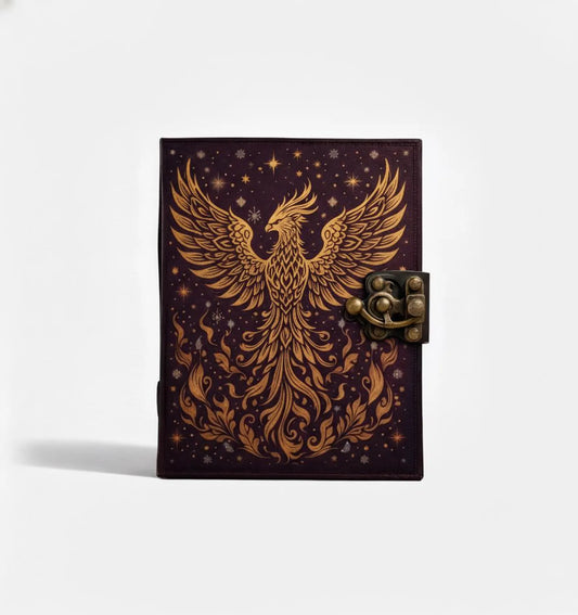 Phoenix Leather Journal – Handmade Burgundy Writing Notebook with Antique Lock