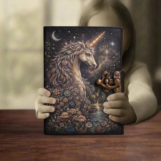 Moonlit Unicorn Leather Journal – Handmade Fantasy Notebook with Antique Lock