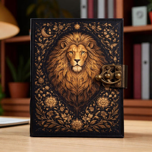 Majestic Lion Leather Journal – Handmade Vintage Writing Notebook with Antique Lock LuxauraHide