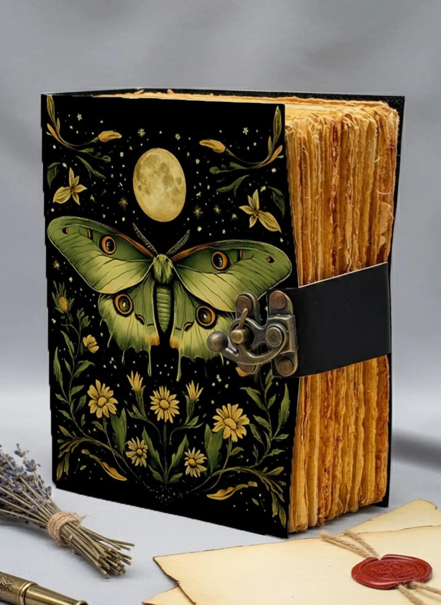 Luna Moth Vintage Leather Journal with Deckle Pages — Botanical Witchy Grimoire | Thick Deckle Edge Pages | Handmade Vintage Leather Journal