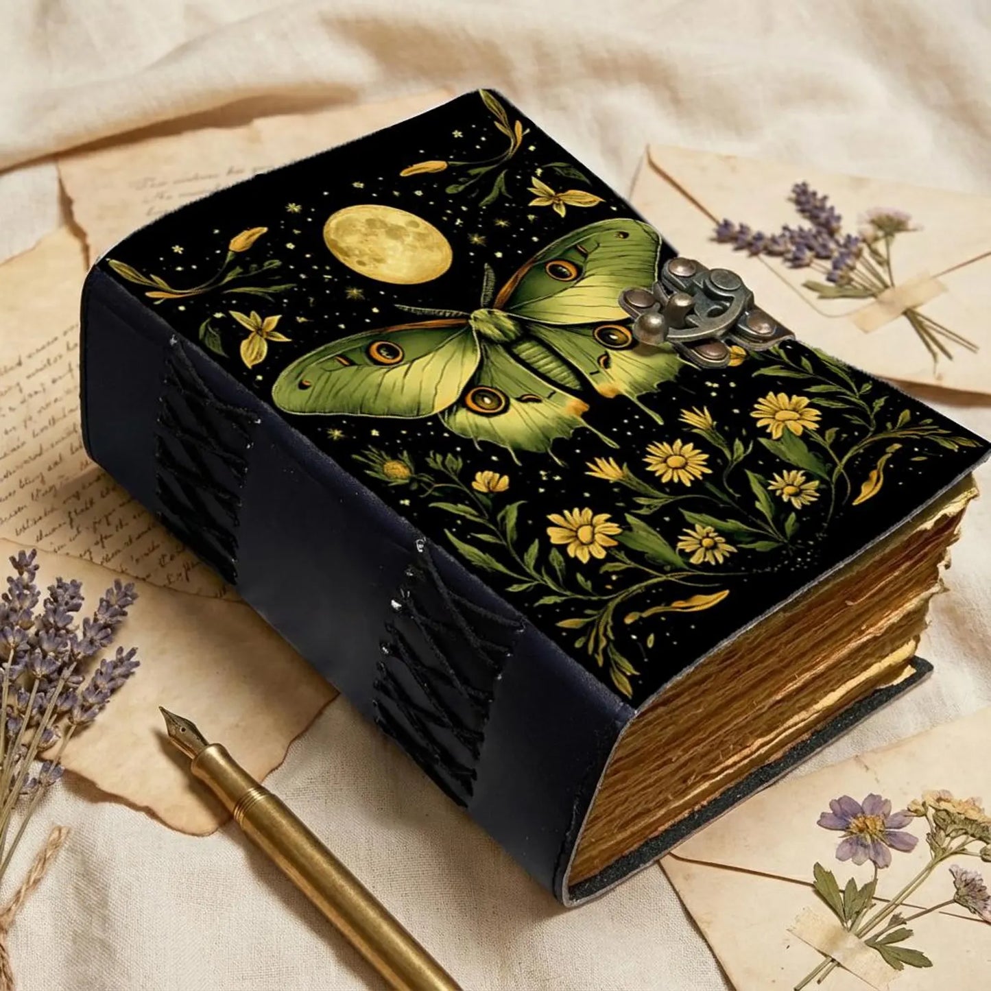 Luna Moth Vintage Leather Journal with Deckle Pages — Botanical Witchy Grimoire | Thick Deckle Edge Pages | Handmade Vintage Leather Journal