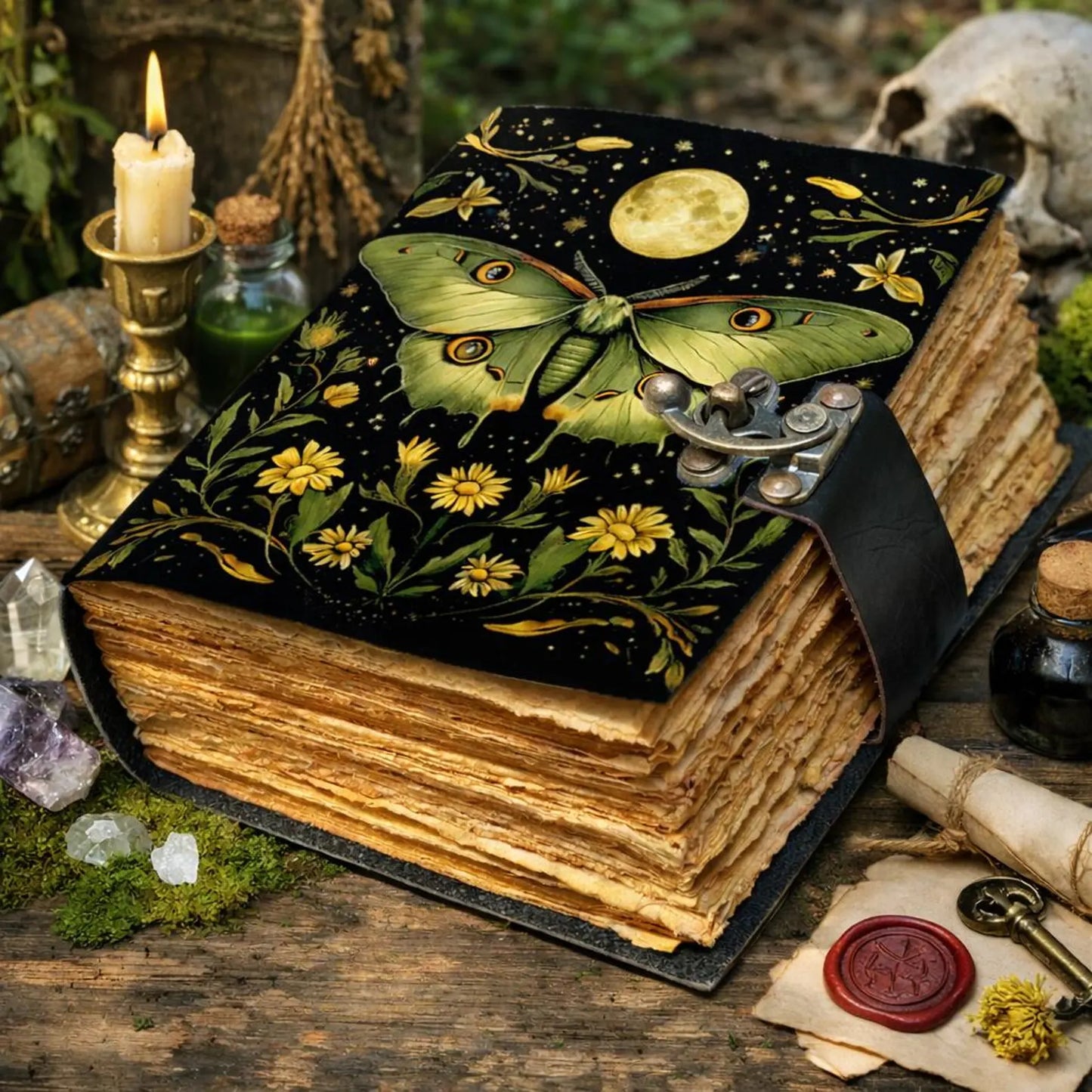 Luna Moth Vintage Leather Journal with Deckle Pages — Botanical Witchy Grimoire | Thick Deckle Edge Pages | Handmade Vintage Leather Journal