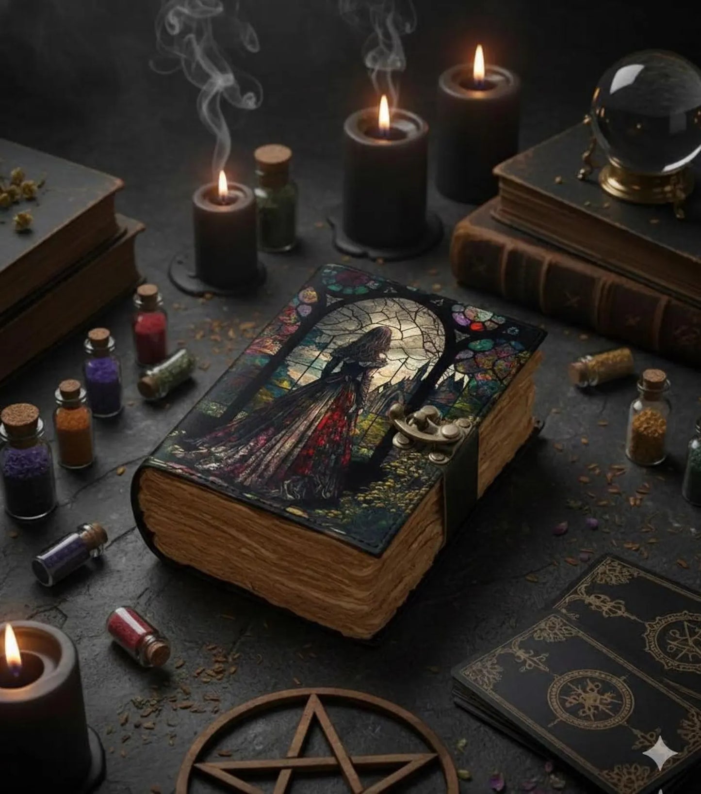 Witchcraft journal Embossed Leather Spell Book: Handmade Journal with Lock