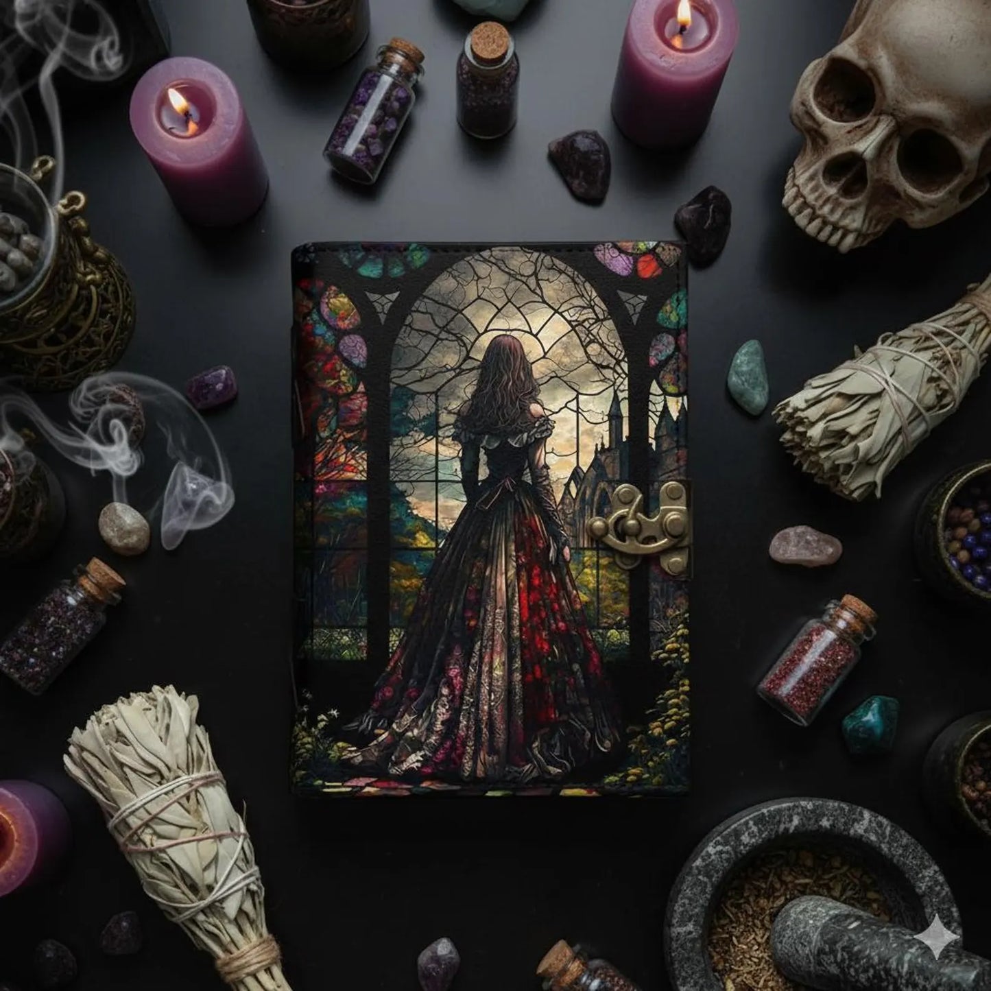 Witchcraft journal Embossed Leather Spell Book: Handmade Journal with Lock