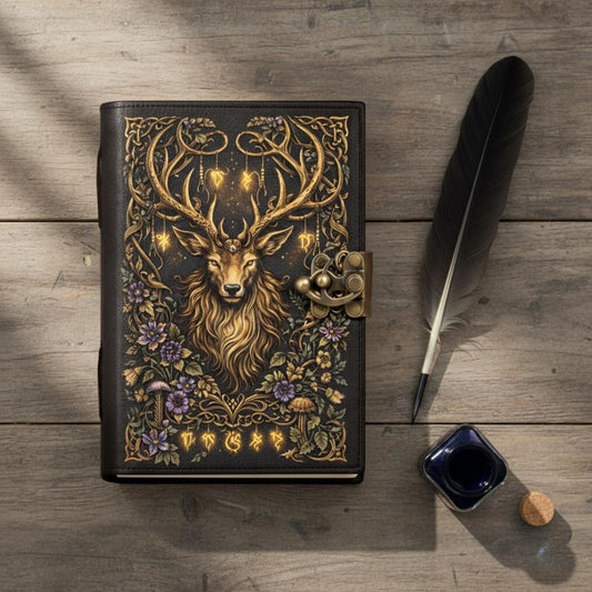 Handmade Stag Spirit Leather Journal – Forest Guardian Grimoire | Celtic Woodland Notebook