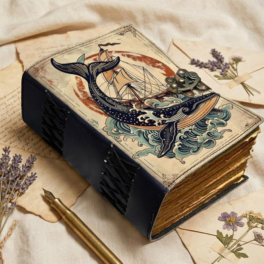Whale Leather Journal – Handmade Nautical Notebook with Lock, Vintage Deckle Edge Paper, Sailing Ship Sea Art Diary, Ocean Lover Gift