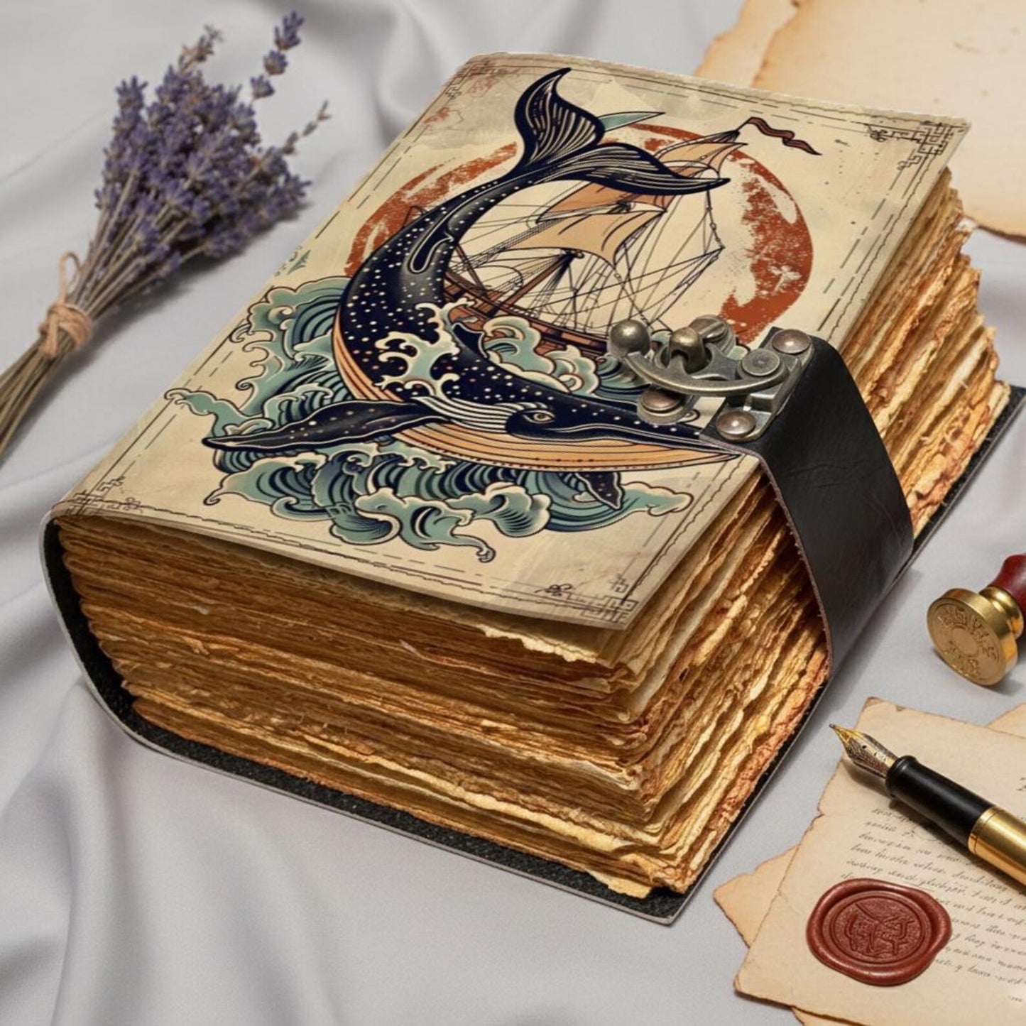 Whale Leather Journal – Handmade Nautical Notebook with Lock, Vintage Deckle Edge Paper, Sailing Ship Sea Art Diary, Ocean Lover Gift