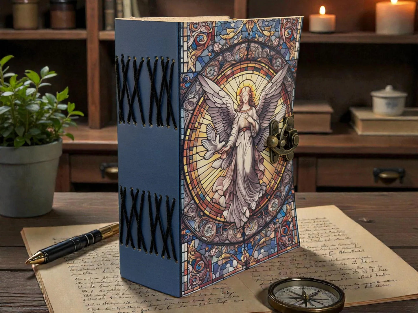 Angel Leather Grimoire Journal - Archangel Prayer & Spiritual Notebook - Handmade Antique Deckle Paper