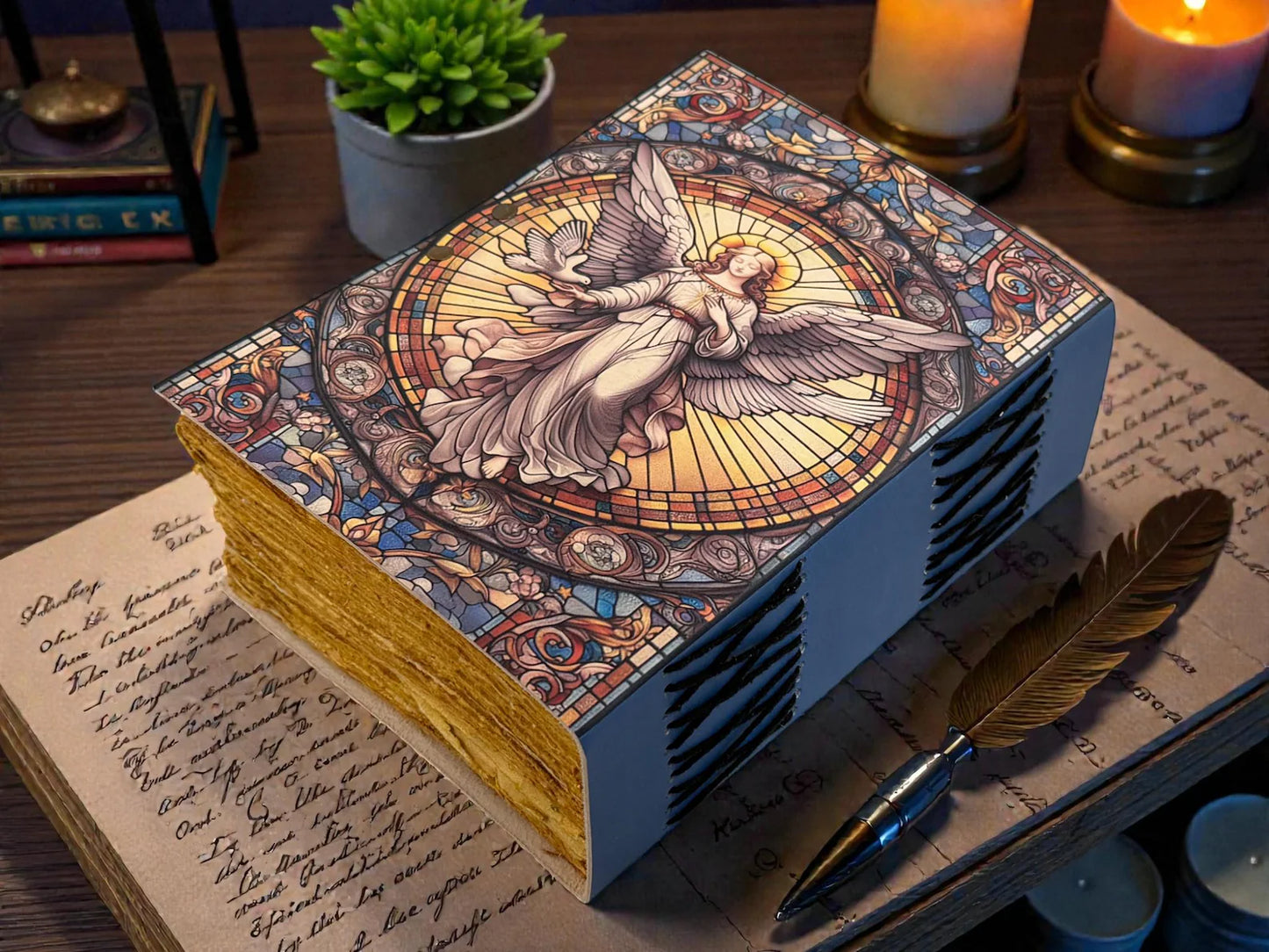 Angel Leather Grimoire Journal - Archangel Prayer & Spiritual Notebook - Handmade Antique Deckle Paper