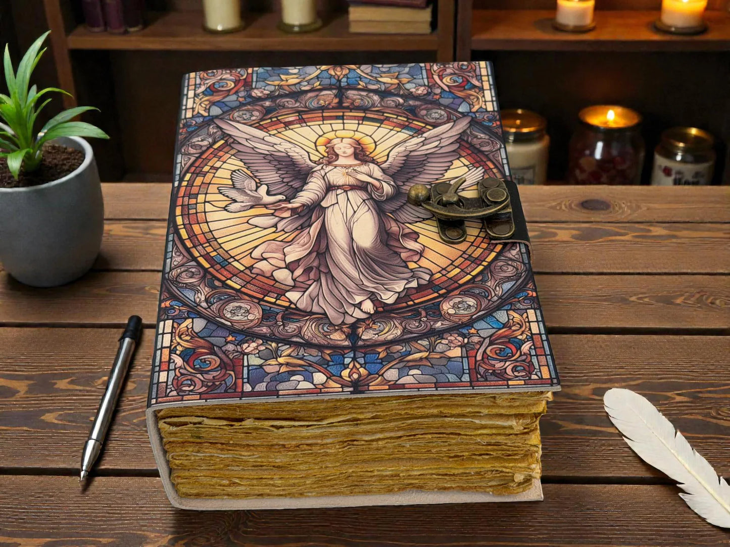 Angel Leather Grimoire Journal - Archangel Prayer & Spiritual Notebook - Handmade Antique Deckle Paper