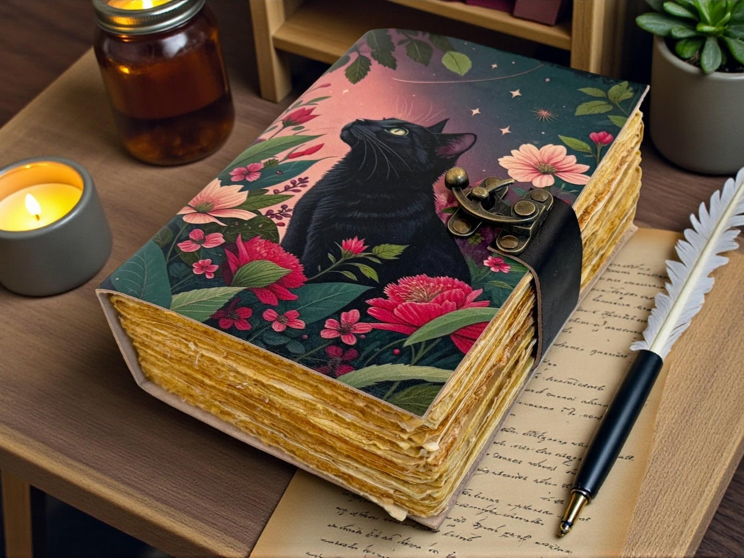 Cat journal Vintage Handmade leather Journal, Grimoire Fat journal Blank spell book of shadows Celestial Gifts For Her