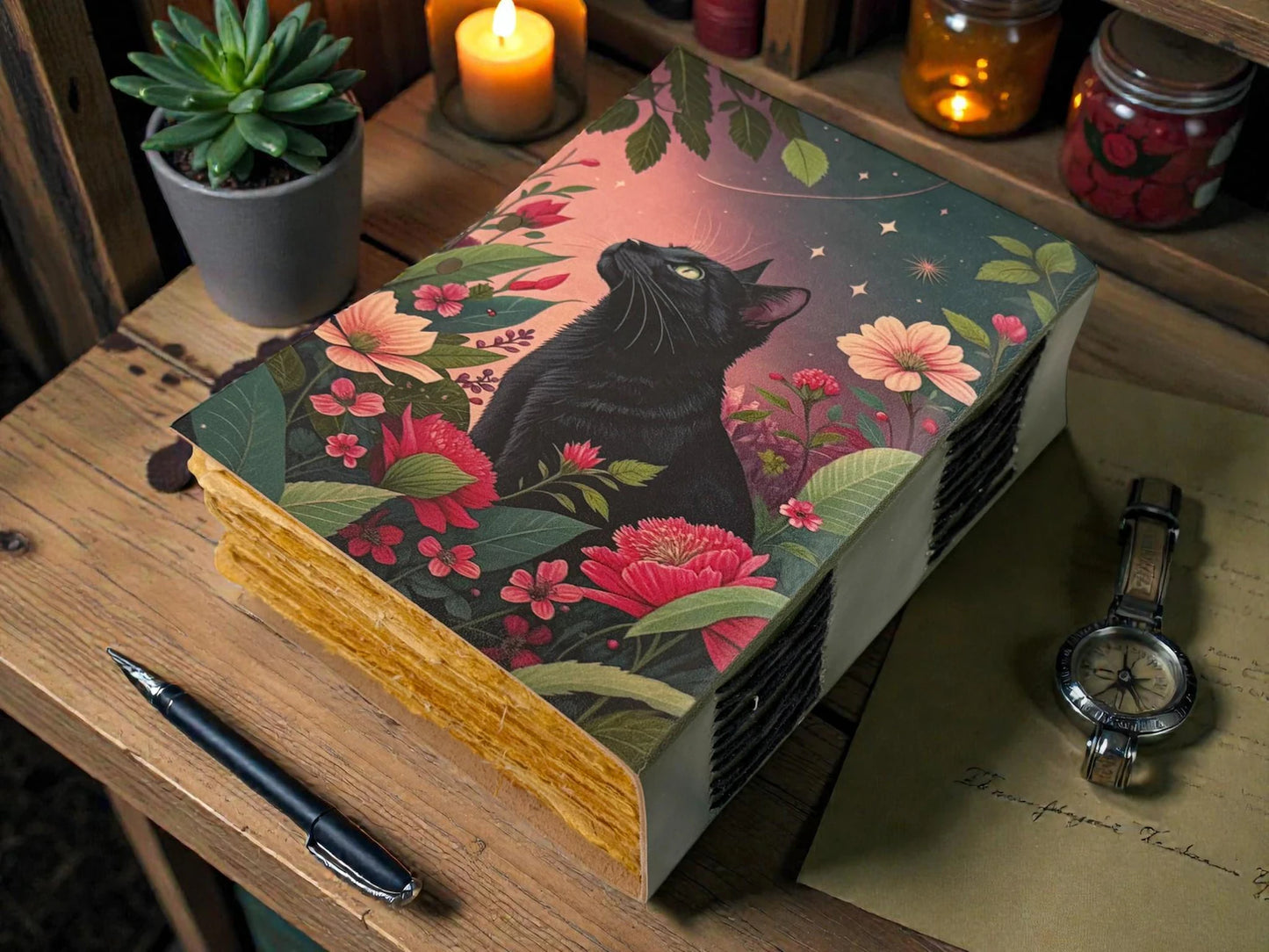 Cat journal Vintage Handmade leather Journal, Grimoire Fat journal Blank spell book of shadows Celestial Gifts For Her