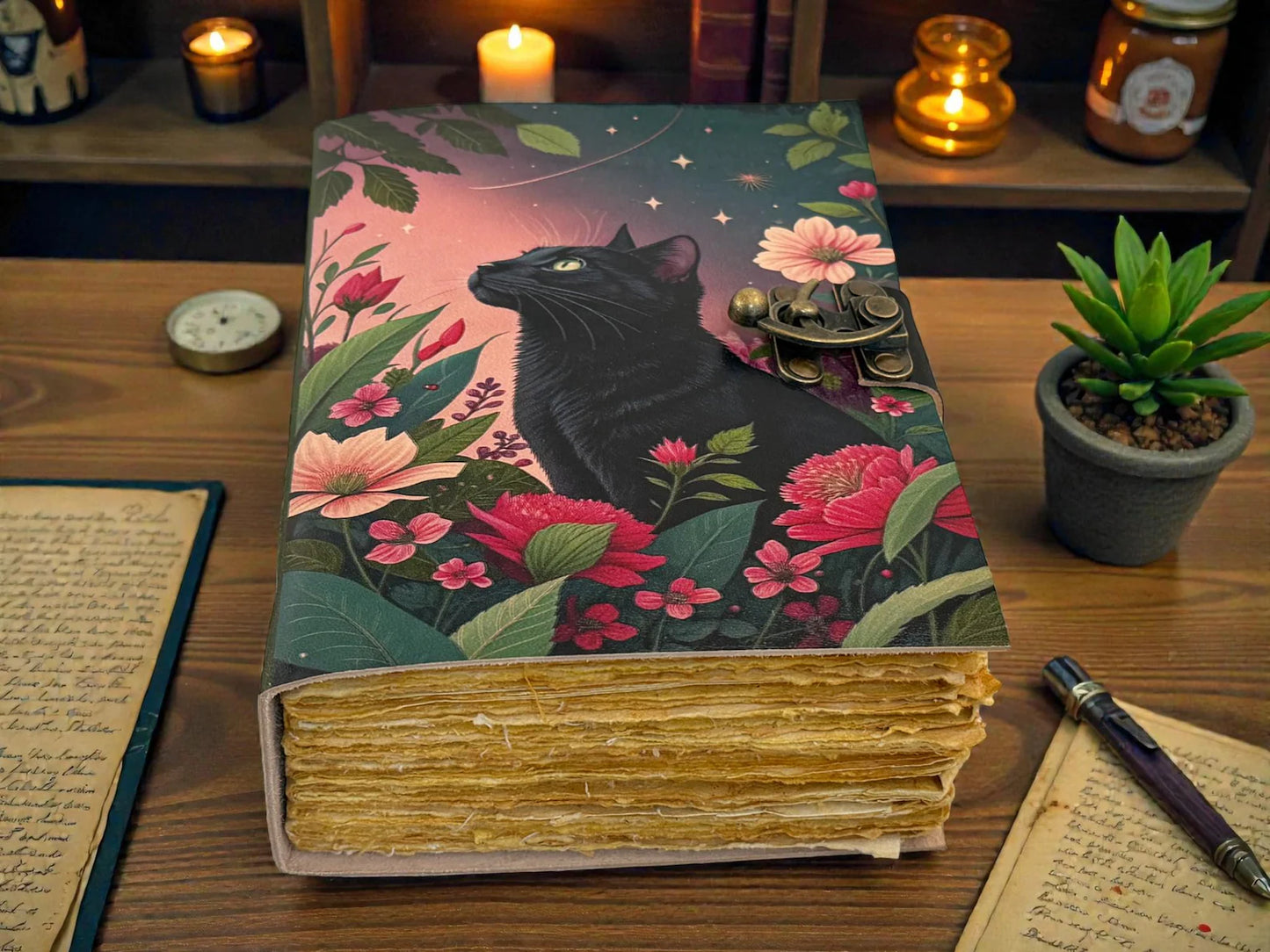 Cat journal Vintage Handmade leather Journal, Grimoire Fat journal Blank spell book of shadows Celestial Gifts For Her