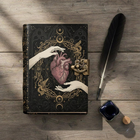 Handmade Sacred Heart Leather Journal with Brass Clasp – Gothic Occult Notebook