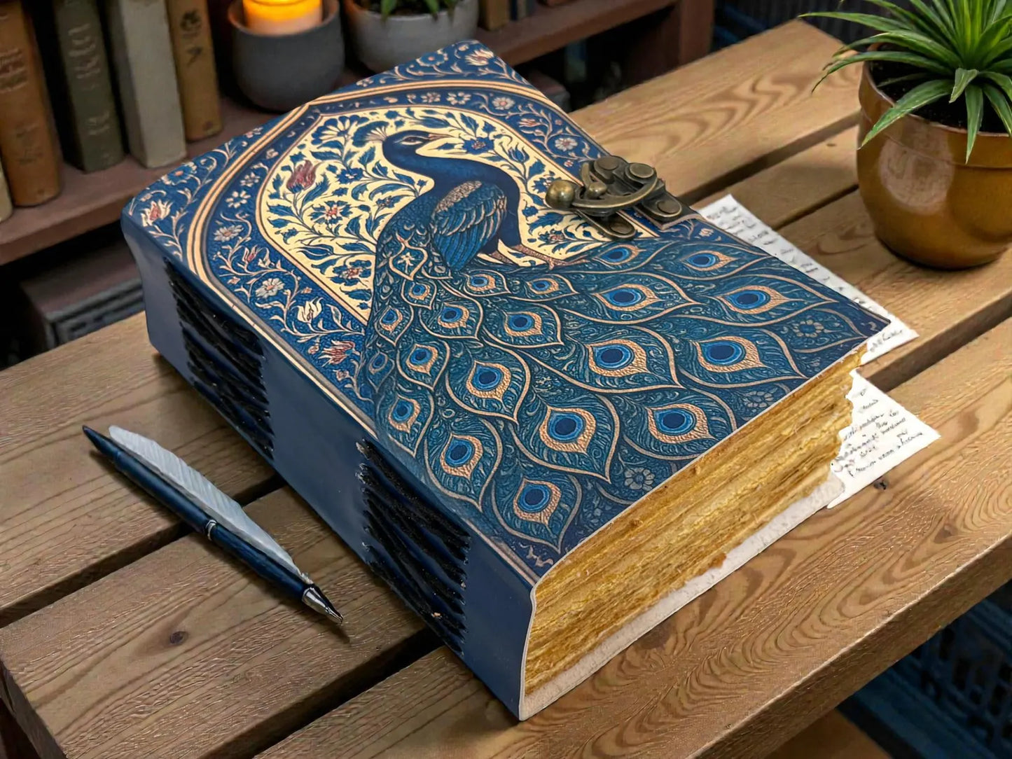 Peacock Leather Journal Handmade – Mystical Nature Notebook, Vintage Lock Diary, Witchcraft & Fantasy Writing Gift