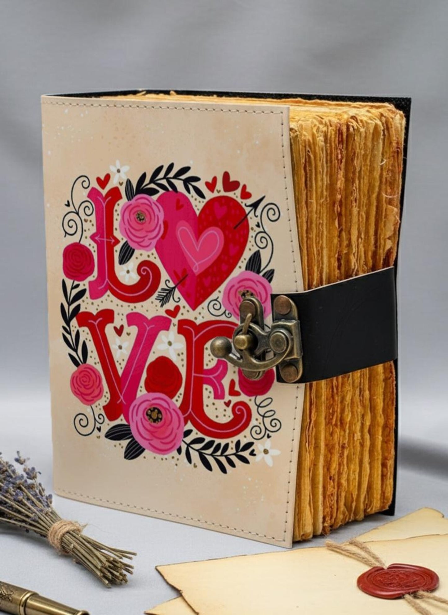 LOVE Leather Journal – Handmade Romantic Notebook with Lock, Vintage Deckle Edge Paper, Floral Heart Diary, Valentine Anniversary Gift
