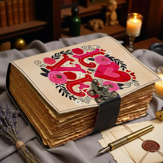 LOVE Leather Journal – Handmade Romantic Notebook with Lock, Vintage Deckle Edge Paper, Floral Heart Diary, Valentine Anniversary Gift
