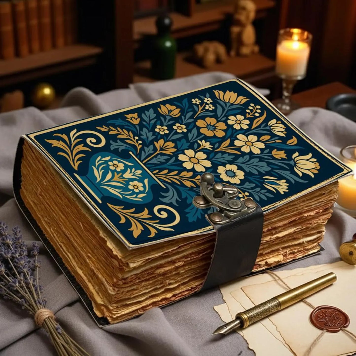 Blue Floral Leather Journal – Handmade Vintage Notebook with Lock, Gold Botanical Design, Antique Deckle Edge Paper, Writing Diary Gift