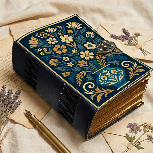 Blue Floral Leather Journal – Handmade Vintage Notebook with Lock, Gold Botanical Design, Antique Deckle Edge Paper, Writing Diary Gift