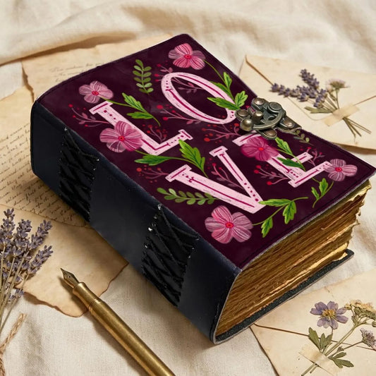 Floral LOVE Leather Journal – Handmade Romantic Notebook with Lock, Purple Vintage Deckle Edge Paper, Anniversary Valentine Gift, Love Diary