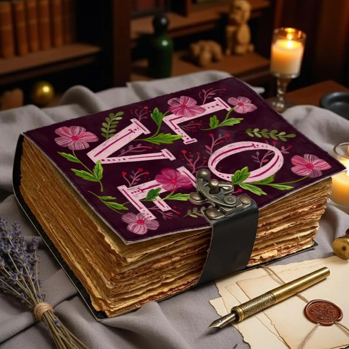 Floral LOVE Leather Journal – Handmade Romantic Notebook with Lock, Purple Vintage Deckle Edge Paper, Anniversary Valentine Gift, Love Diary