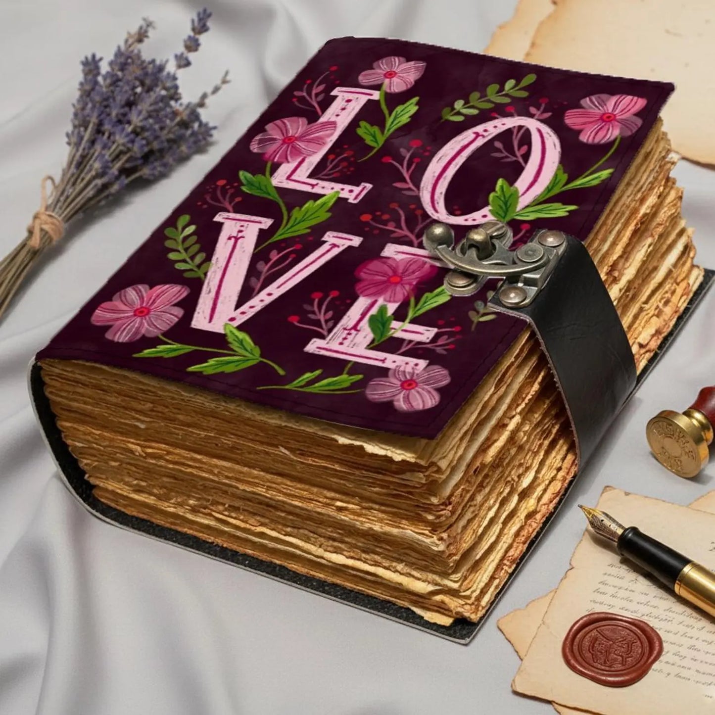 Floral LOVE Leather Journal – Handmade Romantic Notebook with Lock, Purple Vintage Deckle Edge Paper, Anniversary Valentine Gift, Love Diary