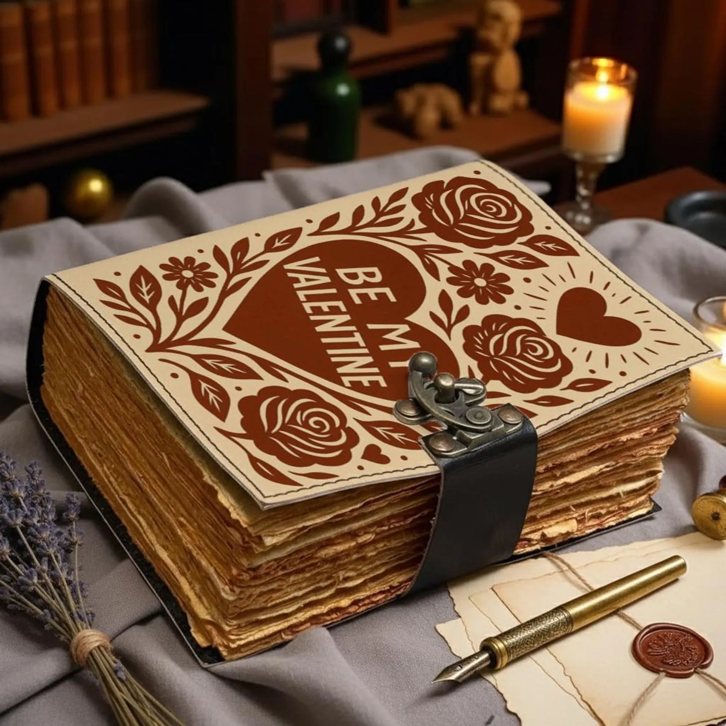 LOVE Leather Journal – Handmade Romantic Notebook with Lock, Vintage Deckle Edge Paper, Floral Heart Diary, Valentine Anniversary Gift