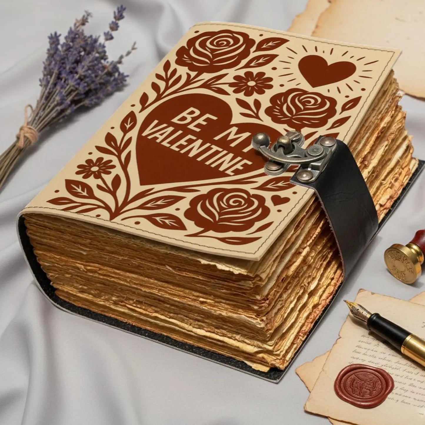 LOVE Leather Journal – Handmade Romantic Notebook with Lock, Vintage Deckle Edge Paper, Floral Heart Diary, Valentine Anniversary Gift