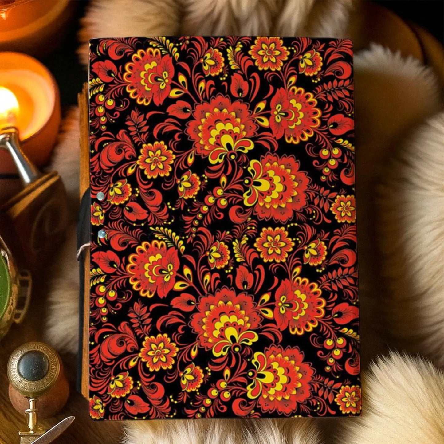 Handmade Leather Floral Journal – Red & Gold Folk Art Notebook, Vintage Deckle Edge Paper, Boho Writing Diary Gift