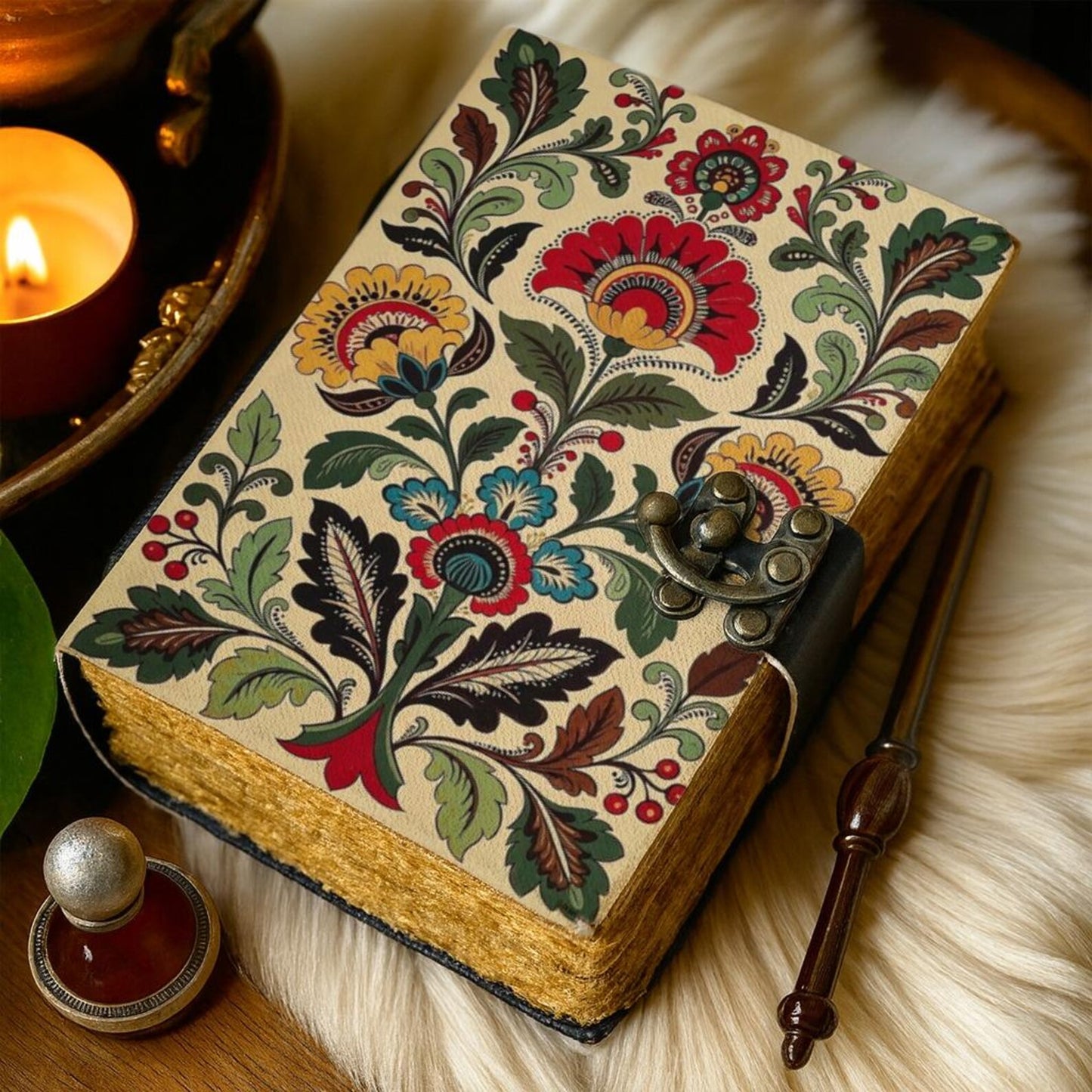 Handmade Leather Floral Journal – Vintage Cream Botanical Notebook, Deckle Edge Paper, Boho Writing Diary Gift