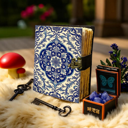 Handmade Leather Mandala Journal – Blue Floral Vintage Notebook, Deckle Edge Paper, Boho Writing Diary Gift