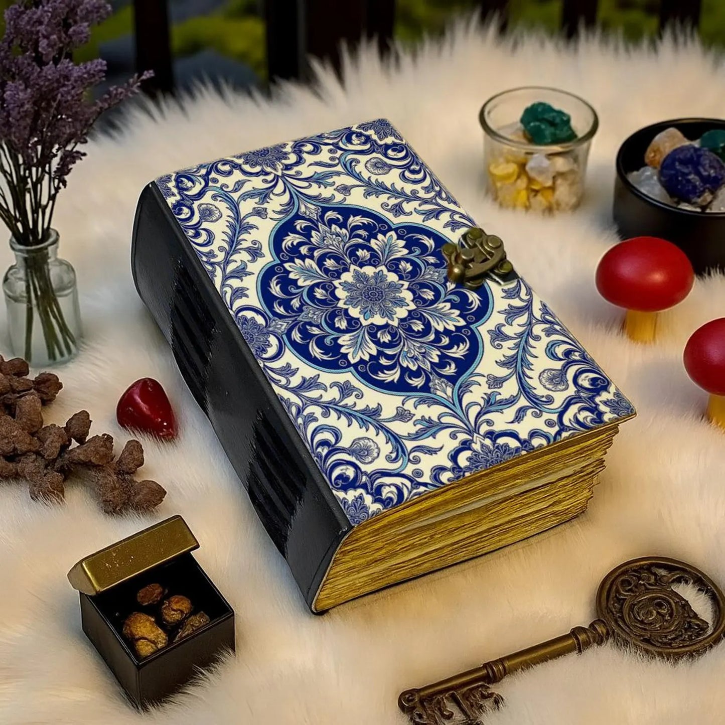 Handmade Leather Mandala Journal – Blue Floral Vintage Notebook, Deckle Edge Paper, Boho Writing Diary Gift