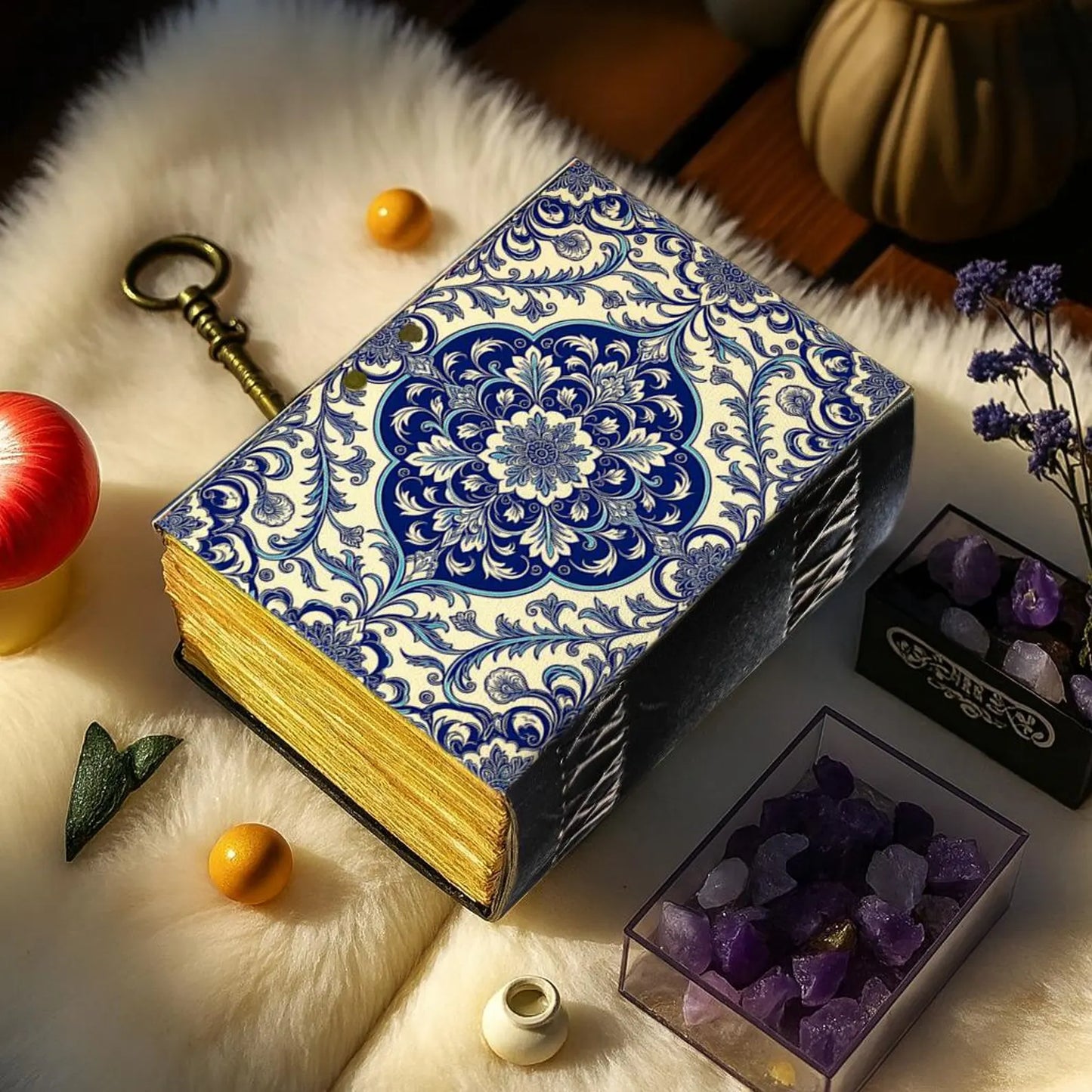 Handmade Leather Mandala Journal – Blue Floral Vintage Notebook, Deckle Edge Paper, Boho Writing Diary Gift