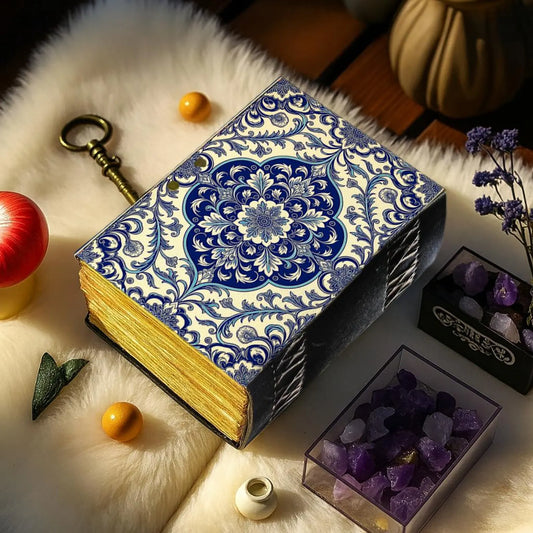 Handmade Leather Mandala Journal – Blue Floral Vintage Notebook, Deckle Edge Paper, Boho Writing Diary Gift