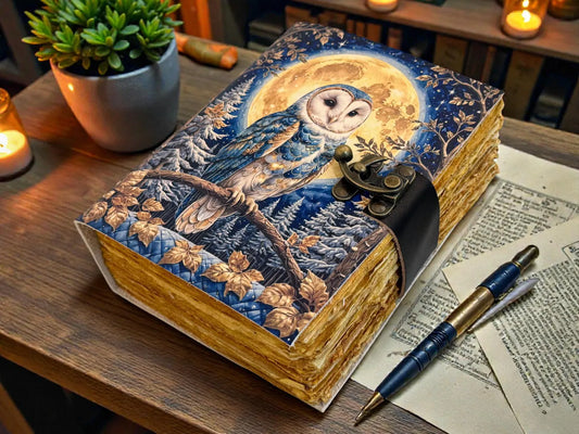Owl Moon Vintage Leather Journal Grimoire Gift– Witchy magic Notebook, Gothic Writing Journal,