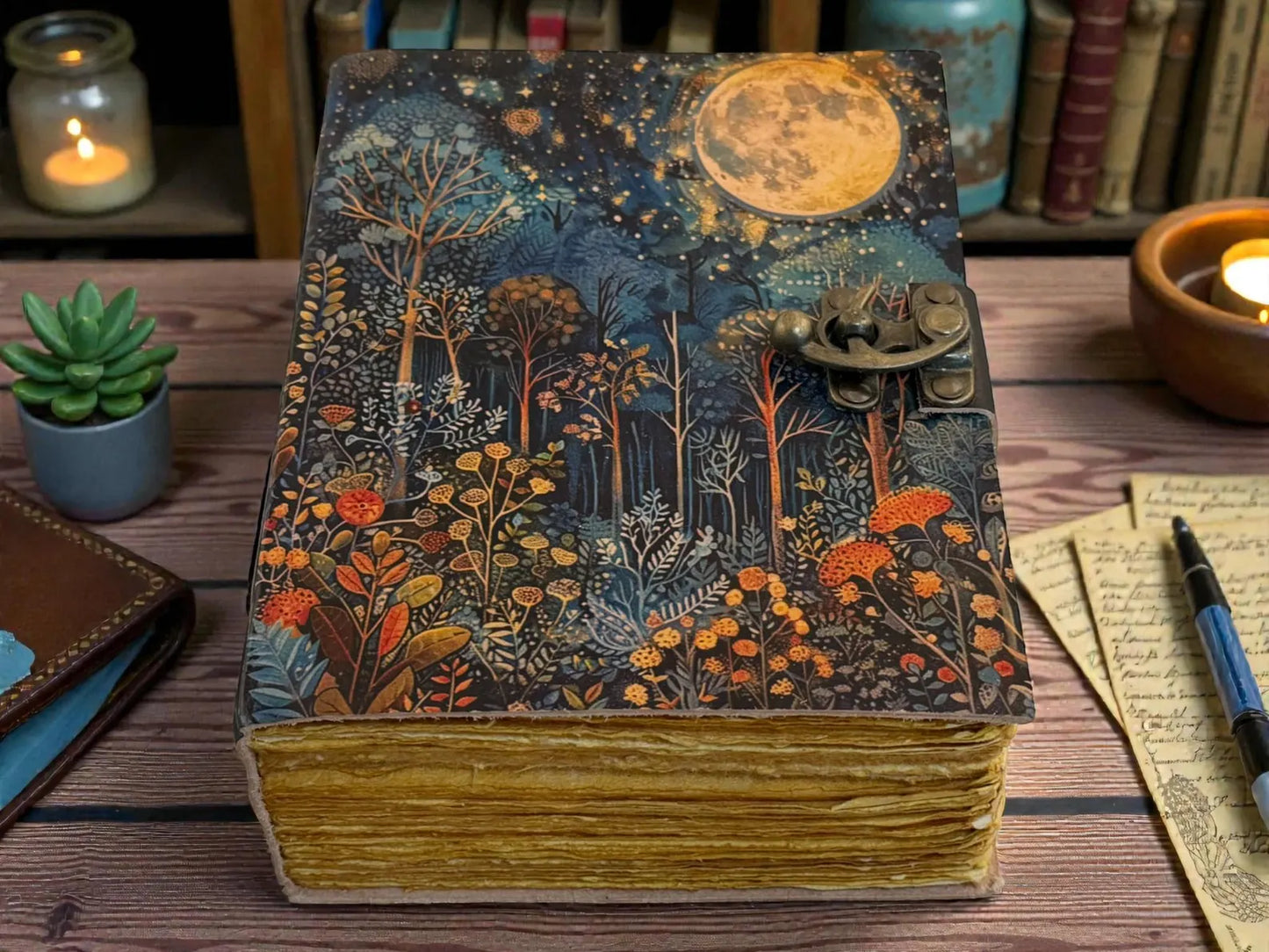 Moonlit Forest Vintage Leather Journal – Handmade Moon Night Notebook, Mystical Nature Writing Journal,
