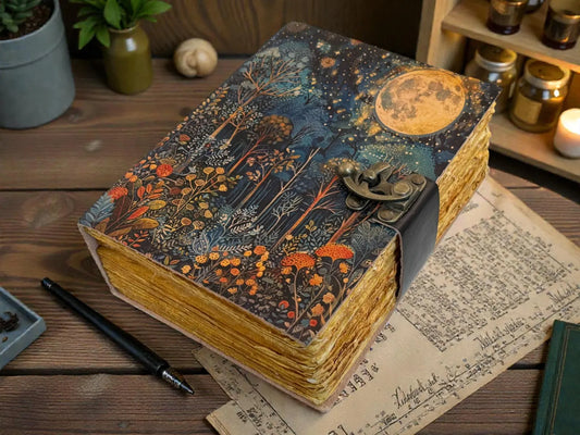 Moonlit Forest Vintage Leather Journal – Handmade Moon Night Notebook, Mystical Nature Writing Journal,