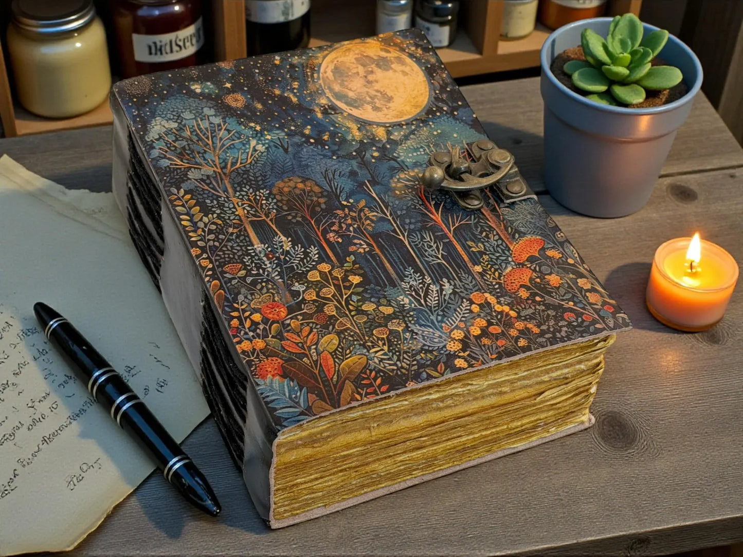 Moonlit Forest Vintage Leather Journal – Handmade Moon Night Notebook, Mystical Nature Writing Journal,