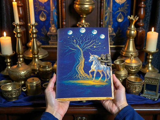 Handmade Unicorn Leather Journal Celestial Grimoire Enchanted Spellbook Mystical Writing Diary Fantasy Pagan Notebook Perfect Gift For women