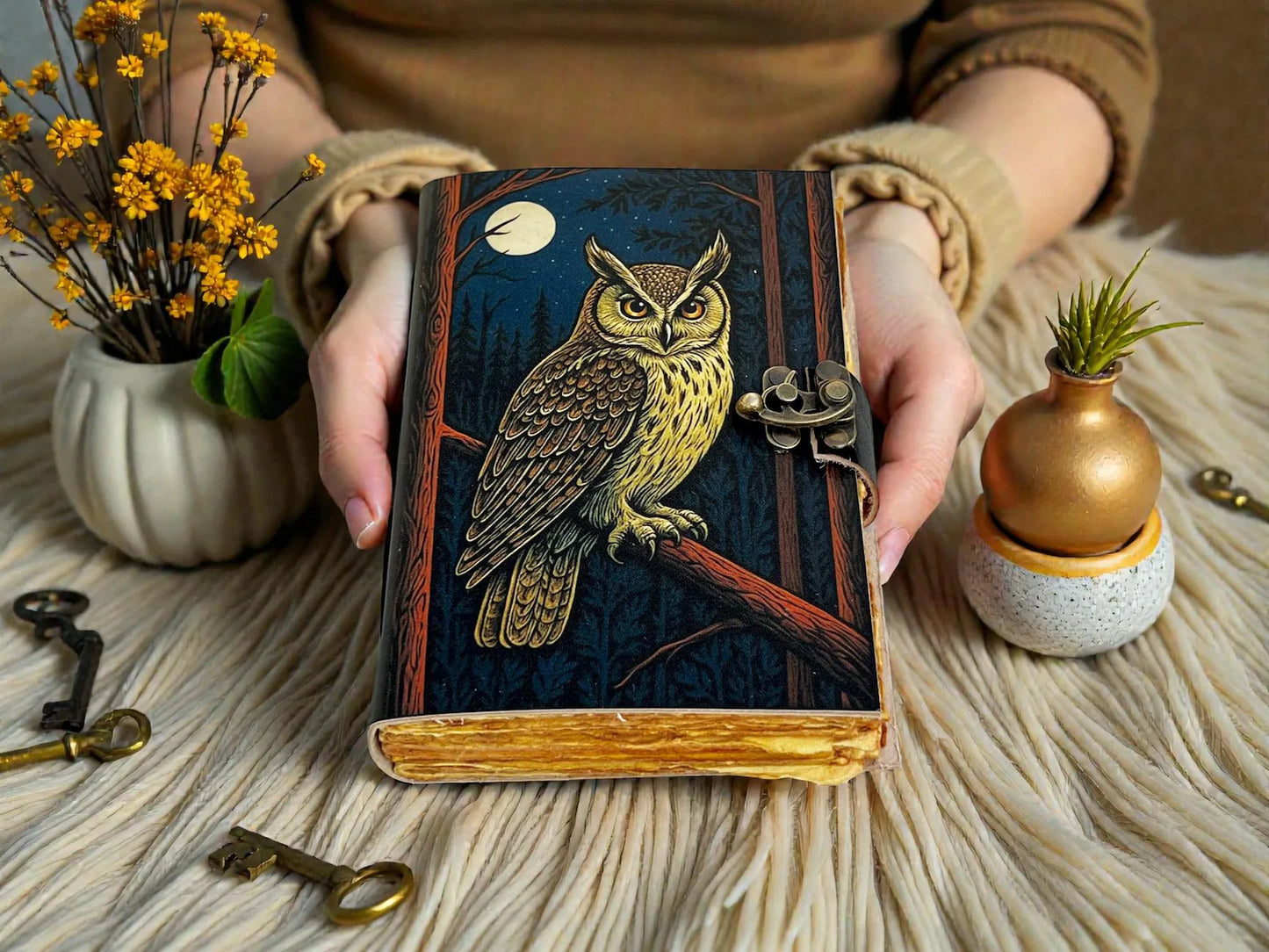 Owl Leather Journal – Handmade Gothic Grimoire Book of Shadows, 200 Pages Vintage Witchcraft Spellbook, Wiccan Pagan Magic Diary Occult Gift