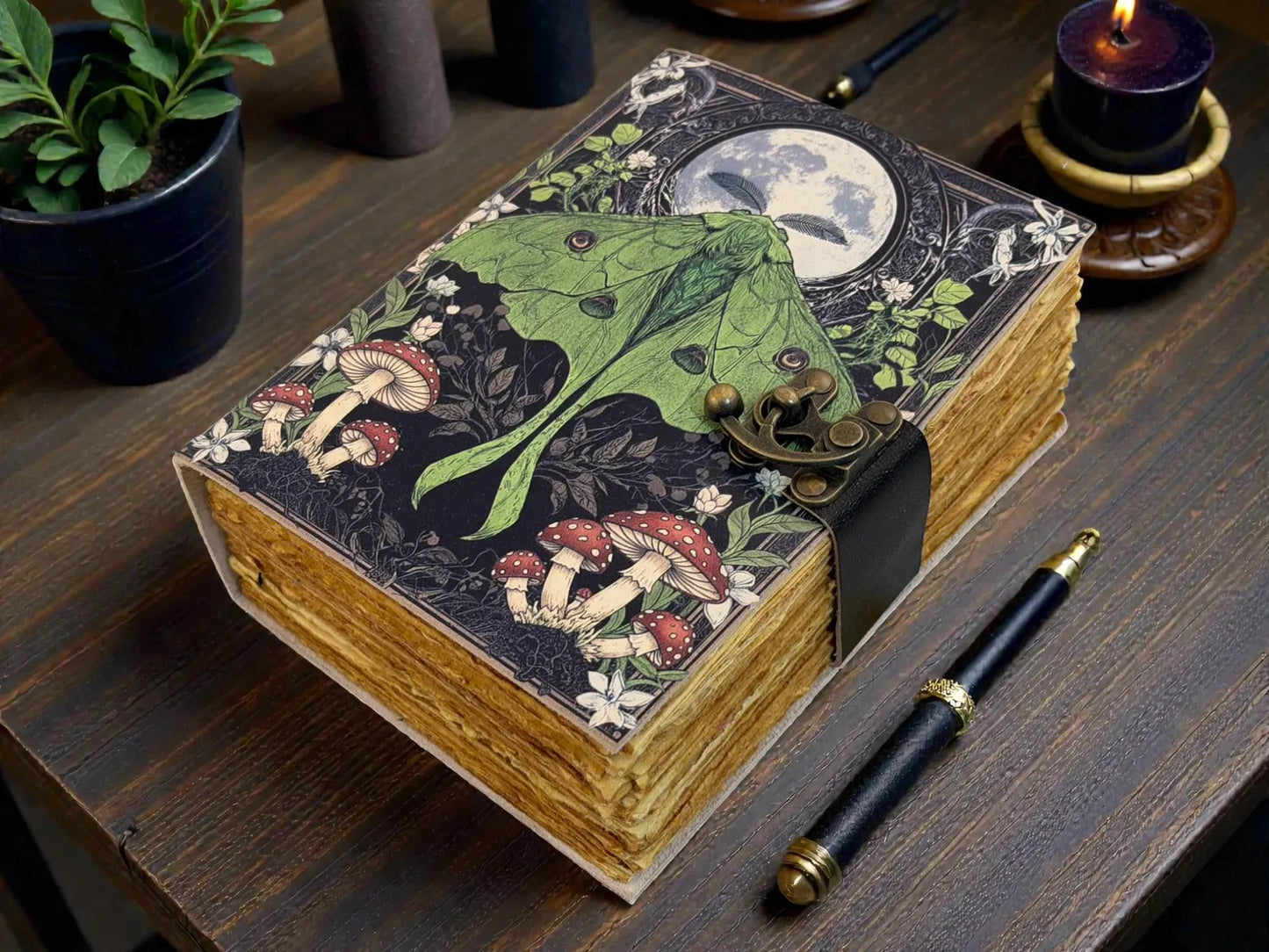 Mushroom Luna Moth Leather Grimoire – Witchy Forest Journal, Handmade Fantasy Writing Book gift for him her
