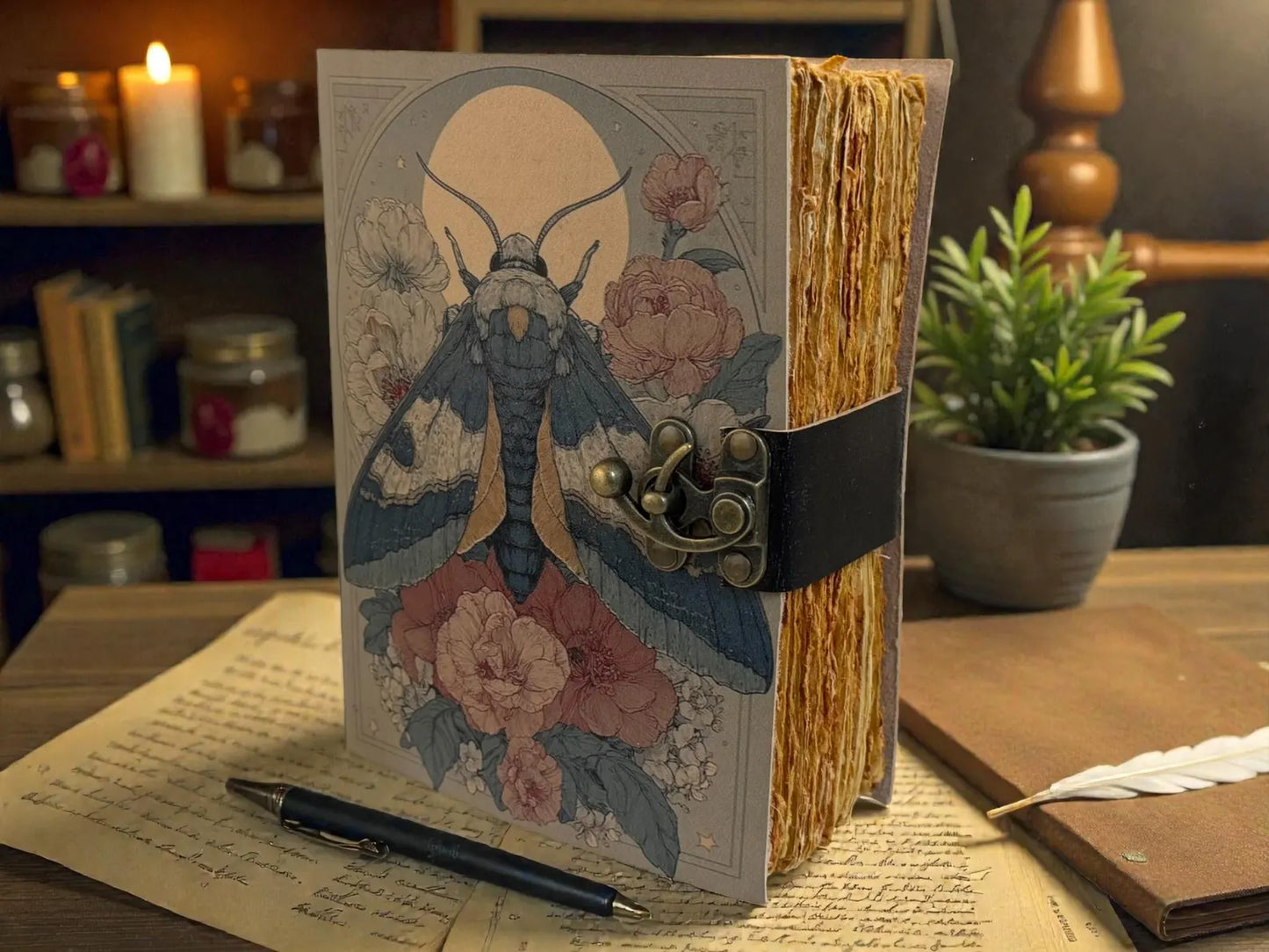 Luna Moth Moon Leather Grimoire – Witchy Forest Journal, Handmade Celestial Writing Book gift for him